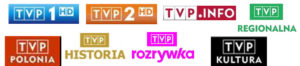 na obrazku loga programów telewizyjnych: TVP1 HD, TVP2 HD, TVP Regionalna, TVP Info, TVP Kultura, TVP Polonia, TVP Historia, TVP Rozrywka